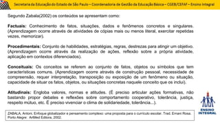 Segundo Zabala(2002) os conteúdos se apresentam como:
Factuais: Conhecimento de fatos, situações, dados e fenômenos concretos e singulares.
(Aprendizagem ocorre através de atividades de cópias mais ou menos literal, exercitar repetidas
vezes, memorizar).
Procedimentais: Conjunto de habilidades, estratégias, regras, destrezas para atingir um objetivo.
(Aprendizagem ocorre através da realização de ações, reflexão sobre a própria atividade,
aplicação em contextos diferenciados).
Conceituais: Os conceitos se referem ao conjunto de fatos, objetos ou símbolos que tem
características comuns. (Aprendizagem ocorre através de construção pessoal, necessidade de
compreensão, requer interpretação, transposição ou exposição de um fenômeno ou situação,
capacidade de situar os fatos, objetos, ou situações concretas naquele conceito que os inclui).
Atitudinais: Engloba valores, normas e atitudes. (É preciso articular ações formativas, não
bastando propor debates e reflexões sobre comportamento cooperativo, tolerância, justiça,
respeito mútuo, etc. É preciso vivenciar o clima de solidariedade, tolerância...).
ZABALA, Antoni. Enfoque globalizador e pensamento complexo: uma proposta para o currículo escolar. Trad. Ernani Rosa.
Porto Alegre: ArtMed Editora, 2002.
 