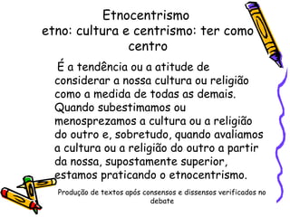 Etnocentrismo
etno: cultura e centrismo: ter como
centro
É a tendência ou a atitude de
considerar a nossa cultura ou religião
como a medida de todas as demais.
Quando subestimamos ou
menosprezamos a cultura ou a religião
do outro e, sobretudo, quando avaliamos
a cultura ou a religião do outro a partir
da nossa, supostamente superior,
estamos praticando o etnocentrismo.
Produção de textos após consensos e dissensos verificados no
debate
 