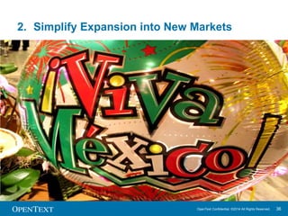 Typical B2B Challenges How OpenText Addresses These 
OpenText Confidential. ©2014 All Rights Reserved. 36 
B2B 
Knowledge/Skills 
Dedicated B2B 
Resources 
Automating Manual 
Processes 
Web Forms, 
Microsoft Excel 
Problem Resolution 
24/7 Multilingual 
Support 
Local Standards 
Support 
Any to Any B2B 
Mediation 
2. Simplify Expansion into New Markets 
 