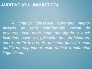 AUDITIVO (OU LINGUÍSTICO)



      A criança consegue aprender melhor
através de uma estruturação verbal de
palavras. Isso pode tanto ser ligado a ouvir
histórias, ouvir a explicação dos professores,
como em ler textos. As pessoas que são mais
auditivas, respondem muito melhor a estímulos
linguísticos.
 