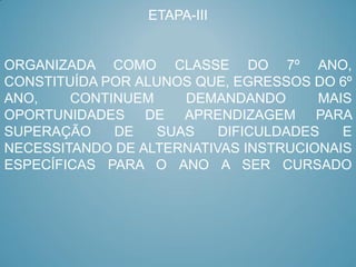 ETAPA-III


ORGANIZADA COMO CLASSE DO 7º ANO,
CONSTITUÍDA POR ALUNOS QUE, EGRESSOS DO 6º
ANO,    CONTINUEM     DEMANDANDO      MAIS
OPORTUNIDADES DE APRENDIZAGEM PARA
SUPERAÇÃO    DE    SUAS   DIFICULDADES   E
NECESSITANDO DE ALTERNATIVAS INSTRUCIONAIS
ESPECÍFICAS PARA O ANO A SER CURSADO
 