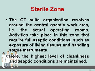 Sterile Zone
• The OT suite organisation revolves
around the central aseptic work area,
i.e. the actual operating rooms.
Activities take place in this zone that
require full aseptic conditions, such as
exposure of living tissues and handling
sterile instruments
• Here, the highest level of cleanliness
and aseptic conditions are maintained.
 