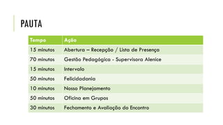 PAUTA
Tempo Ação
15 minutos Abertura – Recepção / Lista de Presença
70 minutos Gestão Pedagógica - Supervisora Alenice
15 minutos Intervalo
50 minutos Felicidadania
10 minutos Nosso Planejamento
50 minutos Oficina em Grupos
30 minutos Fechamento e Avaliação do Encontro
 