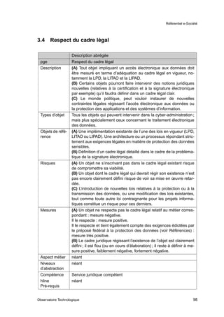 Référentiel e-Société




3.4    Respect du cadre légal

                     Description abrégée
 pge                 Respect du cadre légal
 Description         (A) Tout objet impliquant un accès électronique aux données doit
                     être mesuré en terme d’adéquation au cadre légal en vigueur, no-
                     tamment la LPD, la LITAO et la LIPAD.
                     (B) Certains objets pourront faire intervenir des notions juridiques
                     nouvelles (relatives à la certiﬁcation et à la signature électronique
                     par exemple) qu’il faudra déﬁnir dans un cadre légal clair.
                     (C) Le monde politique, peut vouloir instaurer de nouvelles
                     contraintes légales régissant l’accès électronique aux données ou
                     la protection des applications et des systèmes d’information.
 Types d’objet       Tous les objets qui peuvent intervenir dans la cyber-administration ;
                     mais plus spécialement ceux concernant le traitement électronique
                     des données.
 Objets de réfé-     (A) Une implémentation existante de l’une des lois en vigueur (LPD,
 rence               LITAO ou LIPAD). Une architecture ou un processus répondant stric-
                     tement aux exigences légales en matière de protection des données
                     sensibles.
                     (B) Déﬁnition d’un cadre légal détaillé dans le cadre de la probléma-
                     tique de la signature électronique.
 Risques             (A) Un objet ne s’inscrivant pas dans le cadre légal existant risque
                     de compromettre sa viabilité.
                     (B) Un objet dont le cadre légal qui devrait régir son existence n’est
                     pas encore clairement déﬁni risque de voir sa mise en œuvre retar-
                     dée.
                     (C) L’introduction de nouvelles lois relatives à la protection ou à la
                     transmission des données, ou une modiﬁcation des lois existantes,
                     tout comme toute autre loi contraignante pour les projets informa-
                     tiques constitue un risque pour ces derniers.
 Mesures             (A) Un objet ne respecte pas le cadre légal relatif au métier corres-
                     pondant : mesure négative.
                     Il le respecte : mesure positive.
                     Il le respecte et tient également compte des exigences édictées par
                     le préposé fédéral à la protection des données (voir Références) :
                     mesure très positive.
                     (B) Le cadre juridique régissant l’existence de l’objet est clairement
                     déﬁni ; il est ﬂou (ou en cours d’élaboration) ; il reste à déﬁnir à me-
                     sure positive, faiblement négative, fortement négative.
 Aspect métier       néant
 Niveaux             néant
 d’abstraction
 Compétence          Service juridique compétent
 hline               néant
 Pré-requis


Observatoire Technologique                                                                    98
 