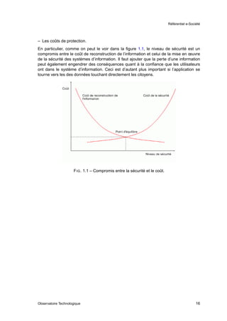 Référentiel e-Société




– Les coûts de protection.
En particulier, comme on peut le voir dans la ﬁgure 1.1, le niveau de sécurité est un
compromis entre le coût de reconstruction de l’information et celui de la mise en œuvre
de la sécurité des systèmes d’information. Il faut ajouter que la perte d’une information
peut également engendrer des conséquences quant à la conﬁance que les utilisateurs
ont dans le système d’information. Ceci est d’autant plus important si l’application se
tourne vers les des données touchant directement les citoyens.




                     F IG . 1.1 – Compromis entre la sécurité et le coût.




Observatoire Technologique                                                                    16
 