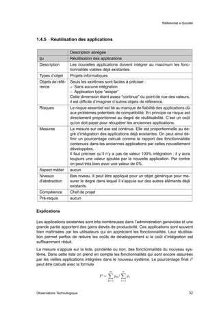 Référentiel e-Société




1.4.5   Réutilisation des applications

                     Description abrégée
 tju                 Réutilisation des applications
 Description         Les nouvelles applications doivent intégrer au maximum les fonc-
                     tionnalités viables déjà existantes.
 Types d’objet       Projets informatiques
 Objets de réfé-     Seuls les extrêmes sont faciles à préciser :
 rence               – Sans aucune intégration
                     – Application type “wraper”
                     Cette dimension étant assez “continue” du point de vue des valeurs,
                     il est difﬁcile d’imaginer d’autres objets de référence.
 Risques             Le risque essentiel est lié au manque de ﬁabilité des applications dû
                     aux problèmes potentiels de compatibilité. En principe ce risque est
                     directement proportionnel au degré de réutilisabilité. C’est un coût
                     qu’on doit payer pour récupérer les anciennes applications.
 Mesures             La mesure sur cet axe est continue. Elle est proportionnelle au de-
                     gré d’intégration des applications déjà existantes. On peut ainsi dé-
                     ﬁnir un pourcentage calculé comme le rapport des fonctionnalités
                     contenues dans les anciennes applications par celles nouvellement
                     développées.
                     Il faut préciser qu’il n’y a pas de valeur 100% intégration : il y aura
                     toujours une valeur ajoutée par la nouvelle application. Par contre
                     on peut très bien avoir une valeur de 0%.
 Aspect métier       aucun
 Niveaux             Bas niveau. Il peut être appliqué pour un objet générique pour me-
 d’abstraction       surer le degré dans lequel il s’appuie sur des autres éléments déjà
                     existants.
 Compétence          Chef de projet
 Pré-requis          aucun


Explications

Les applications existantes sont très nombreuses dans l’administration genevoise et une
grande partie apportent des gains élevés de productivité. Ces applications sont souvent
bien maîtrisées par les utilisateurs qui en apprécient les fonctionnalités. Leur réutilisa-
tion permet parfois de réduire les coûts de développement si le coût d’intégration est
sufﬁsamment réduit.
La mesure s’appuie sur la liste, pondérée ou non, des fonctionnalités du nouveau sys-
tème. Dans cette liste on prend en compte les fonctionnalités qui sont encore assurées
par les vielles applications intégrées dans le nouveau système. Le pourcentage ﬁnal P
peut être calculé avec la formule
                                             m            n
                                      P =          pk /         pi
                                             k=1          i=1



Observatoire Technologique                                                                   32
 