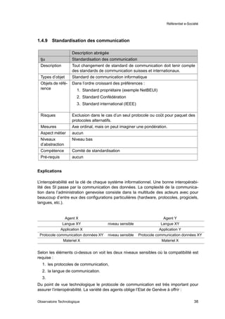 Référentiel e-Société




1.4.9   Standardisation des communication

                     Description abrégée
 tju                 Standardisation des communication
 Description         Tout changement de standard de communication doit tenir compte
                     des standards de communication suisses et internationaux.
 Types d’objet       Standard de communication informatique
 Objets de réfé-     Dans l’ordre croissant des préférences :
 rence                  1. Standard propriétaire (exemple NetBEUI)
                        2. Standard Confédération
                        3. Standard international (IEEE)

 Risques             Exclusion dans le cas d’un seul protocole ou coût pour paquet des
                     protocoles alternatifs.
 Mesures             Axe ordinal, mais on peut imaginer une pondération.
 Aspect métier       aucun
 Niveaux             Niveau bas
 d’abstraction
 Compétence          Comité de standardisation
 Pré-requis          aucun


Explications

L’interopérabilité est la clé de chaque système informationnel. Une bonne interopérabi-
lité des SI passe par la communication des données. La complexité de la communica-
tion dans l’administration genevoise consiste dans la multitude des acteurs avec pour
beaucoup d’entre eux des conﬁgurations particulières (hardware, protocoles, progiciels,
langues, etc.).


               Agent X                                                   Agent Y
              Langue XY                 niveau sensible                 Langue XY
             Application X                                             Application Y
 Protocole communication données XY     niveau sensible    Protocole communication données XY
              Materiel X                                                Materiel X


Selon les éléments ci-dessus on voit les deux niveaux sensibles où la compatibilité est
requise :
  1. les protocoles de communication,
  2. la langue de communication.
  3.
Du point de vue technologique le protocole de communication est très important pour
assurer l’interopérabilité. La variété des agents oblige l’Etat de Genève à offrir :

Observatoire Technologique                                                                  38
 