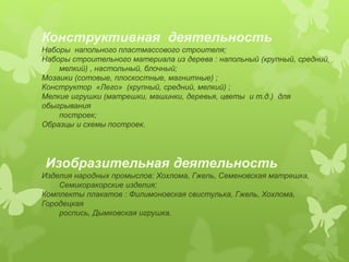 Конструктивная деятельность 
Наборы напольного пластмассового строителя; 
Наборы строительного материала из дерева : напольный (крупный, средний, 
мелкий) , настольный, блочный; 
Мозаики (сотовые, плоскостные, магнитные) ; 
Конструктор «Лего» (крупный, средний, мелкий) ; 
Мелкие игрушки (матрешки, машинки, деревья, цветы и т.д.) для 
обыгрывания 
построек; 
Образцы и схемы построек. 
Изобразительная деятельность 
Изделия народных промыслов: Хохлома, Гжель, Семеновская матрешка, 
Семикоракорские изделия; 
Комплекты плакатов : Филимоновская свистулька, Гжель, Хохлома, 
Городецкая 
роспись, Дымковская игрушка. 
 