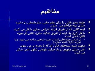 .‫پژوهش‬ ‫هفته‬.‫پژوهش‬ ‫هفته‬2020‫آذر‬‫آذر‬13841384 ‫مصلح‬ ‫عبدالمجید‬‫مصلح‬ ‫عبدالمجید‬13841384 2020
‫مفاهيم‬‫مفاهيم‬
‫ذخيره‬ ‫و‬ ،‌  ‫سازماندهي‬ ،‌  ‫دهي‬ ‫نظم‬ ‫براي‬ ‫را‬ ‫هايي‬ ‫بندي‬ ‫طبقه‬‫ذخيره‬ ‫و‬ ،‌  ‫سازماندهي‬ ،‌  ‫دهي‬ ‫نظم‬ ‫براي‬ ‫را‬ ‫هايي‬ ‫بندي‬ ‫طبقه‬
.‫سازد‬ ‫مي‬ ‫فراهم‬ ‫تربه‬ ‫سازي‬.‫سازد‬ ‫مي‬ ‫فراهم‬ ‫تربه‬ ‫سازي‬
‫گيرند‬ ‫مي‬ ‫شكل‬ ‫سازي‬ ‫انتزاعي‬ ‫فرايند‬ ‫طريق‬ ‫از‬ ‫كه‬ ‫هايي‬ ‫ايده‬‫گيرند‬ ‫مي‬ ‫شكل‬ ‫سازي‬ ‫انتزاعي‬ ‫فرايند‬ ‫طريق‬ ‫از‬ ‫كه‬ ‫هايي‬ ‫ايده‬
‫نمونه‬ ‫از‬ ‫ذهني‬ ‫سازي‬ ‫تفكيك‬ ‫طريق‬ ‫از‬ ‫ايده‬ ‫يك‬ ‫گيري‬ ‫شكل‬‫نمونه‬ ‫از‬ ‫ذهني‬ ‫سازي‬ ‫تفكيك‬ ‫طريق‬ ‫از‬ ‫ايده‬ ‫يك‬ ‫گيري‬ ‫شكل‬
.‫است‬ ‫خاص‬ ‫هاي‬.‫است‬ ‫خاص‬ ‫هاي‬
–‫يا‬ ‫و‬ .‫شوند‬ ‫مي‬ ‫ساخته‬ ‫شخصي‬ ‫تجربه‬ ‫يا‬ ،‌  ‫آشنا‬ ‫هايي‬ ‫نمونه‬ ‫اساس‬ ‫بر‬‫يا‬ ‫و‬ .‫شوند‬ ‫مي‬ ‫ساخته‬ ‫شخصي‬ ‫تجربه‬ ‫يا‬ ،‌  ‫آشنا‬ ‫هايي‬ ‫نمونه‬ ‫اساس‬ ‫بر‬
(‫ديگران‬ ‫)گفته‬ ‫ديگران‬ ‫تجربه‬(‫ديگران‬ ‫)گفته‬ ‫ديگران‬ ‫تجربه‬
‫شوند‬ ‫مي‬ ‫پر‬ ‫تجربه‬ ‫با‬ ‫كه‬ ‫اند‬ ‫خالي‬ ‫سبدهاي‬ ‫شبيه‬ ‫مفهيم‬‫شوند‬ ‫مي‬ ‫پر‬ ‫تجربه‬ ‫با‬ ‫كه‬ ‫اند‬ ‫خالي‬ ‫سبدهاي‬ ‫شبيه‬ ‫مفهيم‬
‫شكل‬ (‌  ‫عمر‬ ‫)طول‬ ‫طولني‬ ‫فرايند‬ ‫يك‬ ‫در‬ ‫مفهوم‬ ‫سازي‬ ‫غني‬‫شكل‬ (‌  ‫عمر‬ ‫)طول‬ ‫طولني‬ ‫فرايند‬ ‫يك‬ ‫در‬ ‫مفهوم‬ ‫سازي‬ ‫غني‬
.‫گيرد‬ ‫مي‬.‫گيرد‬ ‫مي‬
 