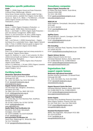 Enterprise specific publications

Consultancy companies

Arable
Briggs, S. (2008) Organic Cereal and Pulse Production.
Crowood Press; Marlborough, Wiltshire
Home Grown Cereals Authority, Organic arable farming –
conversion options, available from Organic Centre Wales.
Younie, D., Taylor, B. R., Welsh, J. P & Wilkinson, J. M (eds)
(2002) Organic Cereals and Pulses. Chalcombe
Publications, Lincoln

Abacus Organic Associates Ltd
61 Robey Park Road, Neston, South Wirral,
Cheshire CH64 9SW.
Tel: 0151 336 2506
Email: gareth.jones@abacusorganic.co.uk
www.abacusorganic.co.uk

Horticulture
Bevan, J. (2001) Organic Strawberry Production – a
grower’s guide. HDRA; Ryton (Technical guide)
Bevan, J. and Knight, S. (2001) Organic Apple Production –
pest and disease management. HDRA; Ryton
Davies, G. and Lennartsson, M. (Eds.) (2006) Organic
Vegetable Production. Crowood Press; Marlborough,
Wiltshire
Hall, J. and Tolhurst, I. (2006) Growing Green – Organic
techniques for a sustainable future. Vegan Organic Network
Little, T; Frost, D (2008) A farmers guide to organic fruit
and vegetable production Organic Centre Wales
Livestock
Frost, D et al 2009 Organic beef and sheep production in
the uplands’ Organic Centre Wales
Vaarst, M., Roderick, S., Lund, V. and Lockeretz, W. (Eds.)
(2004) Animal Health and Welfare in Organic Agriculture.
CABI Publishing; Wallingford
Weller, R; Jackson, A: (2009); Organic Dairy Production
Organic Centre Wales
Younie, D. & Wilkinson, J. M (eds) (2001) Organic Livestock
Farming. Chalcombe Publications, Lincoln,
(ISBN 0 948617 45 4)

Certifying bodies
Biodynamic Agricultural Association
Demeter Scheme Coordinator, 25 Boswall Road,
Edinburgh EH5 3RR
Tel: 0131 552 6565; Fax: 0131 552 6565
Email: demeter@ biodynamic.org.uk
www.biodynamic.org.uk/
Organic Farmers & Growers Ltd
The Old Estate Yard, Albrighton, Shrewsbury,
Shropshire SY4 3AG
Tel: 0845 330 5122 Fax: 0845 330 5123
Email: info@organicfarmers.org.uk
www.organicfarmers.org.uk
Organic Food Federation
31 Turbine Way, Eco Tech Business Park, Swaffham,
Norfolk PE37 7XD
Tel: 01760 720444; Fax: 01760 720790
Email: info@orgfoodfed.com
www.orgfoodfed.com
Quality Welsh Food Certification Ltd.
Gorseland, North Road, Aberystwyth,
Ceredigion, SY23 2WB
Tel: 01970 636688, Fax 01970 624049
Email: qwfc@wfsagri.net
Soil Association Certification Ltd
South Plaza, Malborough St., Bristol BS1 3NX
Tel: 0117 9142406
E-mail: goorganic@soilassociation.org

ADAS UK Ltd
ADAS Pwllpeiran, Cwmystwyth, Aberystwyth, Ceredigion,
SY23 4AB
Tel: 01974 282229
Email: sian.lloyd@adas.co.uk
www.adas.co.uk
AgriPlan Cymru,
Neuadd Mansion, Llanarth, Ceredigion, SA47 0RL
Tel: 01545 581130
Email: office@agriplancymru.co.uk
www.agriplancymru.com
Kite Consulting
Park Farm, Wrexham Road, Tarporley, Cheshire CW6 9SA
Tel: 01829 261700
Email: ainsley@bakerconsulting.fsnet.co.uk
Organic Advisory Service
Organic Research Centre Elm Farm
Hamstead Marshall, Newbury, Berks, RG20 0HR
Tel: 01488 658279; Fax: 01488 658503
Email: elmfarm@organicresearchcentre.com
www.organicresearchcentre.com

Organizations that
support organic farmers
Biodynamic Agricultural Association
Demeter Scheme Coordinator, 25 Boswall Road,
Edinburgh EH5 3RR
Tel: 0131 552 6565; Fax: 0131 552 6565
Email: demeter@ biodynamic.org.uk
www.biodynamic.org.uk/
Organic Research Centre Elm Farm
Hamstead Marshall, Newbury, Berks, RG20 0HR
Tel: 01488 658279; Fax: 01488 658503
Email: elmfarm@organicresearchcentre.com
www.organicresearchcentre.com
Garden Organic
(Formerly Henry Doubleday Research Association)
Ryton Organic Gardens, Coventry CV8 3LG
Tel: 024 7630 3517; Fax: 024 7663 9229
Email: enquiry@gardenorganic.org.uk
www.gardenorganic.org.uk/
Grassland Development Centre
IBERS, Plas Gogerddan, Aberystwyth SY23 3EB
Tel: 01970 823026
Email: hym@aber.ac.uk
www.grassdevcentre.co.uk

7

 
