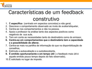 Características de um feedback
               construtivo
1.  É específico (centrado em aspectos concretos) e não geral,
2.  Descreve o comportamento observado ao invés de avaliar/etiquetar,
3.  Centra-se nos comportamentos e não na pessoa,
4.  Apoia o professor na análise tanto dos aspectos positivos como
    negativos de sua aula,
5. Tem em conta as necessidades tanto do destinatário como do emissor,
6. Centra-se em comportamentos que o destinatário tem a capacidade
    e a possibilidade de alterar,
7. Centra-se mais na partilha de informação do que na disponibilização de
    conselhos,
8. Estimula a autoavaliação e a autodescoberta,
9. É emitido oportunamente e em tempo útil ( o feedback mais útil é
    aquele emitido pouco tempo depois do fato observado),
10. É solicitado no lugar de imposto.
 