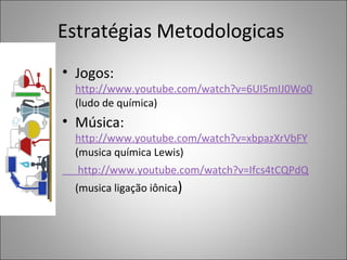 Estratégias Metodologicas
• Jogos:
http://www.youtube.com/watch?v=6UI5mIJ0Wo0
(ludo de química)
• Música:
http://www.youtube.com/watch?v=xbpazXrVbFY
(musica química Lewis)
http://www.youtube.com/watch?v=Ifcs4tCQPdQ
(musica ligação iônica)
 