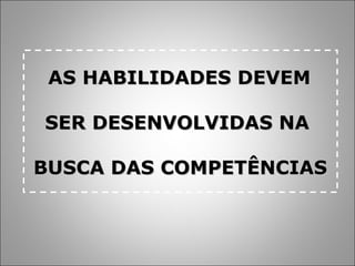 AS HABILIDADES DEVEMAS HABILIDADES DEVEM
SER DESENVOLVIDAS NASER DESENVOLVIDAS NA
BUSCA DAS COMPETÊNCIASBUSCA DAS COMPETÊNCIAS
 