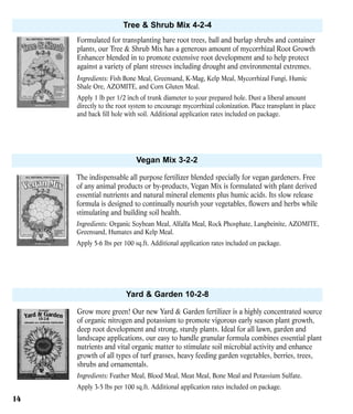 Tree & Shrub Mix 4-2-4
Formulated for transplanting bare root trees, ball and burlap shrubs and container
plants, our Tree & Shrub Mix has a generous amount of mycorrhizal Root Growth
Enhancer blended in to promote extensive root development and to help protect
against a variety of plant stresses including drought and environmental extremes.
Ingredients: Fish Bone Meal, Greensand, K-Mag, Kelp Meal, Mycorrhizal Fungi, Humic
Shale Ore, AZOMITE, and Corn Gluten Meal.
Apply 1 lb per 1/2 inch of trunk diameter to your prepared hole. Dust a liberal amount
directly to the root system to encourage mycorrhizal colonization. Place transplant in place
and back fill hole with soil. Additional application rates included on package.

Vegan Mix 3-2-2
The indispensable all purpose fertilizer blended specially for vegan gardeners. Free
of any animal products or by-products, Vegan Mix is formulated with plant derived
essential nutrients and natural mineral elements plus humic acids. Its slow release
formula is designed to continually nourish your vegetables, flowers and herbs while
stimulating and building soil health.
Ingredients: Organic Soybean Meal, Alfalfa Meal, Rock Phosphate, Langbeinite, AZOMITE,
Greensand, Humates and Kelp Meal.
Apply 5-6 lbs per 100 sq.ft. Additional application rates included on package.

Yard & Garden 10-2-8
Grow more green! Our new Yard & Garden fertilizer is a highly concentrated source
of organic nitrogen and potassium to promote vigorous early season plant growth,
deep root development and strong, sturdy plants. Ideal for all lawn, garden and
landscape applications, our easy to handle granular formula combines essential plant
nutrients and vital organic matter to stimulate soil microbial activity and enhance
growth of all types of turf grasses, heavy feeding garden vegetables, berries, trees,
shrubs and ornamentals.
Ingredients: Feather Meal, Blood Meal, Meat Meal, Bone Meal and Potassium Sulfate.
Apply 3-5 lbs per 100 sq.ft. Additional application rates included on package.

14

 