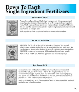 Down To Earth
Single Ingredient Fertilizers
Alfalfa Meal 2.5-1-1
An excellent soil conditioner, Alfalfa Meal is a rich source of trace elements and
natural growth stimulants. Recommended for all flowering shrubs and especially
roses, Alfalfa Meal accelerates growth and promotes larger, more plentiful blooms.
It is also useful as a compost bio-activator due to its high organic matter content and
ideal Carbon-to-Nitrogen ratio.
Apply 5-10 lbs per 100 sq.ft. Additional application rates included on package.

AZOMITE™ Granular
AZOMITE, the “A to Z of Minerals Including Trace Elements” is a naturally
mined volcanic mineral product that has been granulated for easy application. An
excellent way to re-mineralize depleted garden soils, composts or potting mediums,
AZOMITE is proven to increase crop yield, quality and overall plant growth.
Apply 10-20 lbs per 100 sq.ft. Additional application rates included on package.

Bat Guano 0-7-0
An excellent source of Phosphorus and Calcium naturally mined from ancient
fossilized deposits, our Bat Guano 0-7-0 promotes exceptional flower and fruit
development in all types of plants, trees and ornamentals while encouraging strong
root growth and plant hardiness. Can be mixed into soils, applied as a side dress or
prepared as a liquid for foliar sprays or hydroponics.
Apply 4-6 lbs per 100 sq.ft or 2-4 Tbsp per gallon of water for liquid preparations. Additional
application rates included on package.

15

 