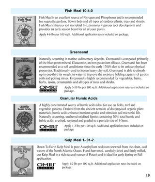 Fish Meal 10-4-0
Fish Meal is an excellent source of Nitrogen and Phosphorus and is recommended
for vegetable gardens, flower beds and all types of outdoor plants, trees and shrubs.
Fish Meal enhances soil microbial life, promotes vigorous root development and
provides an early season boost for all of your plants.
Apply 4-6 lbs per 100 sq.ft. Additional application rates included on package.

Greensand
Naturally occurring in marine sedimentary deposits, Greensand is composed primarily
of the blue-green mineral Glauconite, an iron potassium silicate. Greensand has been
recommended as a soil conditioner since the early 1700’s due to its unique physical
properties. Traditionally used to loosen heavy clay soil, Greensand is able to absorb
up to one-third its weight in water to improve the moisture holding capacity of garden
soils and potting mixes. Greensand is highly recommended for vegetables, fruits,
herbs, lawns, ornamentals and all types of trees and shrubs.
Apply 5-10 lbs per 100 sq.ft. Additional application rates are included on
package.

Granular Humic Acids
A highly concentrated source of humic acids ideal for use on fields, turf and
vegetable gardens. Derived from the ancient remains of decomposed organic plant
materials, humic acids enhance nutrient uptake and stimulate soil microbial life.
Naturally occurring, unaltered oxidized lignite containing 70% total humic and
fulvic acids, crushed, screened and graded to a particle size of 1-3mm.
Apply 1-2 lbs per 100 sq.ft. Additional application rates included on
package

Kelp Meal 1-.01-2
Down To Earth Kelp Meal is pure Ascophyllum nodosum seaweed from the clean, cold
waters of the North Atlantic Ocean. Hand-harvested, carefully dried and finely milled,
our Kelp Meal is a rich natural source of Potash and is ideal for early Spring or Fall
application.
Apply 1-2 lbs per 100 sq.ft. Additional application rates included on
package.

19

 