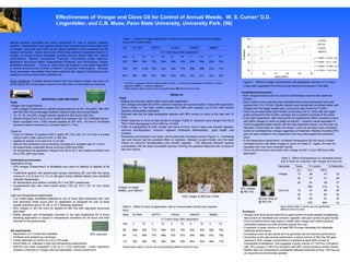 Effectiveness of Vinegar and Clove Oil for Control of Annual Weeds. W. S. Curran* D.D.
Lingenfelter, and C.B. Muse, Penn State University, University Park. (58)

Study objectives: Evaluate several factors that may impact vinegar and clove oil
performance for annual weed control in the field and in a controlled environment.

MATERIALS AND METHODS
Field.
Vinegar (two experiments)
• 20% vinegar (Fleishmann's) applied postemergence at 281 (30 gal/A), 562 (60),
and 843 (90) l/ha to emerged soybean (Glycine max) and annual weeds.
• 10, 15, 20, and 30% vinegar solution applied at 562 and/or 843 l/ha.
• Weeds ranged from 5 to 20 cm in height and soybean had 3 to 5 trifoliate leaves.
• Boom equipped with 11003 nozzles applied at 207 kPa. Nu-Film-P surfactant
(pinolene based) included at a constant rate of 1.2 l/ha.
Clove oil
• Clove oil (Matran II) applied at 66 (7 gal/A) 94 (10), and 131 (14) l/ha in a water
mixture with a total volume of 281 or 562 l/ha.
• Applied to weeds 3 to 8 and 9 to 13 cm tall.
• Natural Wet surfactant (yucca extracts) included at a constant rate of 1.2 l/ha.
• All experiments conducted during summers 2003 and 2004.
• Air temperature at application ranged from 22 to 25 C and relative humidity from
45 to 78% with clear skies.
Controlled environment.
Application timing
• 20% vinegar (Fleischman’s or Bradfield) and clove oil (Matran II) applied at 66
l/ha.
• Treatments applied with greenhouse sprayer delivering 281 and 562 l/ha spray
volume to 3 to 8 and 9 to 13 cm tall giant foxtail (Setaria faberii) and velvetleaf
(Abutilon theophrasti).
• Air temperature and relative humidity 24 C and 55% respectively.
• Supplemental light with metal halide lamps (750 µE m-2s-1) for 16 hour photo
period.
Light and temperature experiments
• 3 to 4-leaf stage velvetleaf subjected to one of three light treatments (full, half,
and darkness) three hours prior to application or prepared for one of three
growth chambers set at 15, 24, or 32 C following treatment.
• 20% vinegar or 26 l/ha clove oil applied at 562 l/ha with adjuvants previously
described.
• Plants sprayed and immediately returned to the light treatments for 6 hours
following application or placed in temperature chambers for 24 hours and then
returned to the greenhouse.
All experiments.
• Replicated 3 or 4 times and repeated.
50% reduction
• Fertilized and watered as necessary.
• Visual estimates of control on a 0 to 100 scale.
• Shoot fresh wt. collected in light and temperature experiments.
• ANOVA and mean separation (LSD at p = 0.05) performed. Linear regression
analysis conduced on vinegar rate and application volume experiment.

Table 1. Effect of vinegar application volume on annual weed control and soybean
injury (20% acetic acid).
Vol.

GLYMXa

SETFA

CHEAL

100

AMBEL

AMACH

GLYMX
SETFA

80

% Control days after application
l/ha

3

10

3

10

3

10

3

10

3

10

281

58ab

26a

72a

58a

89a

62a

89a

69a

83a

61a

562

76b

41ab

75a

61a

92a

77a

95a

88b

91a

77a

843

80b

58b

81a

65a

95a

84a

97a

91b

93a

83a

aGLYMX = soybean; SETFA = giant foxtail; CHEAL = common lambsquarters; AMACH = smooth
pigweed; AMBEL = common ragweed.
bSame letters within a column are not significantly different at the 5% level.

RESULTS
Field.
• Wilting and necrosis visible within hours after application.
• 20% vinegar provided 58 to 97% control of soybean and annual weeds 3 days after application
(DAA) (Table 1). Ten DAA, control ranged from 26% with soybean up to 91% with smooth
pigweed (Amaranthus hybridus).
• Soybean was the the least susceptible species with 58% control or injury at the high rate 10
DAA.
• Weed response to clove oil was similar to vinegar (Table 2). Soybean injury ranged from 58 to
76% 3 DAA decreasing to 35 to 56% by 10 DAA.
• Order of susceptibility to both vinegar and clove oil from most to least was smooth pigweed,
common lambsquarters, common ragweed (Ambrosia artemisiifolia)
giant foxtail, and
soybean.
• Increasing concentration and spray volume generally increased control (Figure 1). Increasing
rate and volume had the greatest effect on soybean, followed by giant foxtail, and the least
impact on common lambsquarters and smooth pigweed. The response followed species
susceptibility with the least susceptible species showing the greatest response with increase in
rate and volume.

% Control

Natural product herbicides are being considered for use in organic cropping
systems. Nonselective foliar applied contact type products that include acetic acid
or vinegar, citric acid, and clove oil are being marketed to and considered by the
organic community. Acetic acid is one of the more common ingredients found in a
number of natural product herbicides including Burnout Weed Killer (St. Gabriel
Laboratories), Alldown (Summerset Products), Groundforce (Abby Science),
Blackberry and Brush Block (Greenenergy Products), and Horticultural Vinegar
(Bradfield Industries). Clove oil, also known as eugenol, is the active ingredient
in several products one of which is Matran II (Ecosmart Technologies). Although
much discussed, few studies have been published with regard to performance and
questions continue about their potential use.

CHEAL
AMACH

60
y = 1.6895x + 33.391, 0.95

40

y = 0.9556x + 55.77, 0.88

20

y = 0.7997x + 72.69, 0.80

y = 0.8683x + 70.863, 0.83

5

10

15

20

25

30

(Conc.)(Vol.)

Figure 1. Effect of vinegar concentration and application volume on % control
3 days after application for three annual weeds and soybean in the field.
Controlled environment.
• Both vinegar products and the clove oil performance were similar (data not
shown).
• Giant foxtail control was less than velvetleaf and control decreased with both
species from 3 to 10 DAA. Smaller weeds were sometimes controlled better with
vinegar than the larger weeds early, but control was similar by 10 DAA.
• Clove oil provided better giant foxtail control early (43 vs. 32%) with the bigger
grass compared to the smaller, perhaps due to greater coverage of the weed.
• In the light experiment, light intensity did not significantly affect velvetleaf control
with either vinegar or clove oil (data not shown). However visual estimates of
control suggested better control with the dark treatment (trend), but this was not
reflected in plant fresh wt. (data not shown). Clove oil provided more consistent
control of velvetleaf than vinegar regardless of treatment. Relative humidity (RH)
was not kept constant in this experiment and may help explain the observed
trend.
• In the temperature experiment, increased temperature did not result in better
velvetleaf control with either vinegar or clove oil (Table 3). Again, RH was not
regulated and may have impacted results.
• Clove oil performance was better than vinegar at both 12 and 168 hours after
application.
Table 3. Effect of temperature on velvetleaf control
and % fresh wt. reduction with vinegar and clove oil.
Herbicide
Vinegar

Temp.
(C)
15

% Control
% Reduction
12 h
168 h
26
47
23

24
Vinegar on larger
AMBEL and AMACH

20% vinegar
@ 562 l/ha
20% vinegar at 562 l/ha 3 DAA

Table 2. Effect of clove oil application rate on annual weed control and soybean
injury.
SETFA

CHEAL

AMACH

GLYMX

l/ha

3

10

3

AMBEL

10

3

10

3

10

3

10

66

58ab

35a

71a

66a

87a

76a

92a

83a

88a

76a

94

71b

49b

77b

69a

91b

81b

94a

86a

91a

79a

131

76b

56b

76b

68a

93b

82b

94a

83a

90a

77a

% Control days after application

letters within a column are not significantly different at the 5% level.

28

15

36
41a
66

27
ns
25

47
45

60
61

32
43

47b

62b

ns

Same letters within a column are not significantly
different at the 5% level.

Rate

bSame

66 l/ha clove oil
@ 562 l/ha

41

24
26a
51

24
32

Clove oil

27

32

Summary
• Vinegar and clove oil provided fair to good control of small seeded broadleaves,
less control of velvetleaf and common ragweed, and poor control of giant foxtail.
• Clove oil performance was equal or better than vinegar and neither product
controlled soybean,but both severely injured the crop.
• In general, a spray volume of at least 562 l/ha was necessary for adequate
herbicide performance.
• Increasing clove oil rate above 94 l/ha generally did not improve performance.
• According to the rate-volume experiment, a spray volume of 562 l/ha (60 gpa)
required a 20% vinegar concentration to achieve at least 80% control of
susceptible broadleaves. This suggests a spray volume of 1124 l/ha (120 gal/A)
with 10% vinegar or 281 l/ha (30 gal/A) with 40% should produce similar results.
• Neither light nor temperature consistently affected herbicide activity– RH may be
an important environmental variable.

 