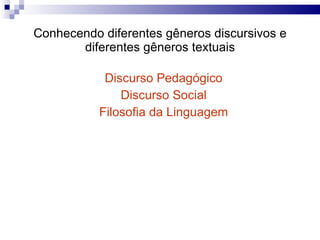 Conhecendo diferentes gêneros discursivos e diferentes gêneros textuais Discurso Pedagógico Discurso Social Filosofia da Linguagem 