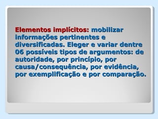 Elementos implícitos: mobilizar
informações pertinentes e
diversificadas. Eleger e variar dentre
06 possíveis tipos de argumentos: de
autoridade, por princípio, por
causa/consequência, por evidência,
por exemplificação e por comparação.
 