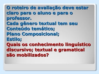 O roteiro de avaliação deve estar
claro para o aluno e para o
professor.
Cada gênero textual tem seu
Conteúdo temático;
Plano Composicional;
Estilo;
Quais os conhecimento linguístico
discursivo; textual e gramatical
são mobilizados?
 