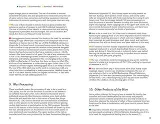 Required 

Recommended 

Permitted 

Prohibited

super storage prior to extraction. The use of strainers to remove
unwanted bee parts, wax and propolis from extracted honey. The use
of water only to clean extraction and bottling equipment. Minimal
lubrication of extractor moving parts with food grade lubricant only.
The use of fume boards to remove honey supers provided the
substance used as a fumigant is not CNG Prohibited [Appendix I].
The use of chlorine (dilute bleach) to clean extraction and bottling
equipment is permitted but discouraged. The use of Fischer’s Bee
Quick, Bee Dunn and Natural Honey Harvester.
Overaggressive honey removal that leads to the need for excessive
feeding of sugar afterwards. Any removal of honey from the brood
chambers or frames thereof. The use of CNG Prohibited substances
[Appendix I] on fume boards to remove honey supers from the hive.
Ultra-Filtration or any process of filtration under pressure designed
to remove chemical contaminants and/or pollen grains from honey.
Honey that has fermented or that has a moisture content  18.6%,
unless it has been heated to kill yeast. The use of any substance that
is not a CNG Beekeeping Allowed Substance [Appendix I] to clean
extraction and bottling equipment. The commingling of honey from
a CNG certified apiary [1.] and any that have not been certified. The
addition of any sweetener or other altering agent (other than a CNG
certified or certified organic flavoring agent such as an herb) to honey.
The use of the CNG label may not be used in conjunction with any
other label that is misleading or misrepresentative. Labeling honey as
raw if it has been heated above 109 degrees Fahrenheit, or has been
micro-filtered, or had anything added to it.

References Appendix IV]. Also, honey supers are only present on
the hive during a short portion of the season, and honey-laden
cells are recapped by bees with fresh wax during the curing of each
honey crop. Thus the strategy behind CNG wax processing is to
limit the source of reusable beeswax to solely that from the honey
super cell cappings. These cappings are at the upper 10% of the cell,
are removed during each honey extraction process, and have been
shown to contain extremely low levels of pesticides.
Wax to be re-used in a CNG hive must be obtained solely from
honey super cappings from a CNG hive. Impurities must be removed
by a suitable rendering process, in which only non-fragile lipidinert materials are used (stainless steel, glass, wood, and synthetic
substances that will not break down and leave residues in the wax).
The removal of water-soluble impurities by first washing the
cappings (contained in a mesh bag) multiple times in very warm
water and drying it. Directly (stove) or indirectly (solar wax melter)
heating the impure wax, and straining the molten wax to remove
solid impurities (bee parts, propolis).
The use of synthetic mesh for straining, as long as the synthetic
material is stable at a temperature of 250 °F (the melting temperature
of beeswax is 145 °F).
Wax obtained from any in-hive source other than honey super
cappings. Copper or iron wax-rendering containers. The use of
any substance that is not a CNG Beekeeping Allowed Substance
[Appendix I] to clean wax processing equipment. The commingling
of wax from a CNG certified apiary [1.] and any that have not been
certified. The addition of any altering agent to wax.

9.  Wax Processing
These standards govern the processing of wax to be re-used in a
CNG apiary, but are not the standards to market or sell beeswax
as Certified Naturally Grown. CNG’s Beeswax Standards will be
published separately. Most beeswax contains some lipid-soluble
chemicals and pesticides due to the nature of honey bee forage
behavior [4.]. CNG aims to decrease the contamination of beeswax
used in CNG apiaries to the lowest possible levels without placing
unduly high barriers to participation in the CNG program. Typically
most of the bottom of wax honey comb cell bases are drawn up from
the wax already present on foundation, be it wax-coated plastic or
wire-reinforced wax foundation. The upper portion of the cells is
manufactured from wax produced by the bees themselves [Mangum,
12

10.  Other Products of the Hive
Since pollen collected by foraging bees is needed for healthy bee
nutrition and brood development by the colony and propolis
possesses natural antibiotic properties that are very beneficial to
honey bee colonies the removal of either of these products from bee
hives must be done in moderation, with great care to prevent harm
to the hive.
Any pollen removed must be purified by removing bee parts, etc.
and processed according to CNG Certification Standards even if it is
to be used for supplemental feeding later in the season [7.].
13

 