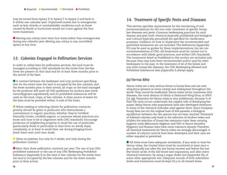 Required 

Recommended 

Permitted 

Prohibited

may be moved from Apiary X to Apiary Y to Apiary Z and back to
X within one calendar year. Unplanned moves due to emergencies
such as bear attacks or uninhabitable conditions such as those
caused by floods or hurricanes would not count against the four
move maximum.
Moving any colony more than four times (other than emergencies)
during any calendar year. Moving any colony to any uncertified
apiary at any time.

13.  Colonies Engaged in Pollination Services
In order to utilize bees for pollination services, the land must be
managed according to CNG standards for the entire time the bee
hives are present on that land and for at least three months prior to
the arrival of the bees.
A contract between the beekeeper and crop producer specifying
that for the entire time the land is occupied by the bee colonies, and
the three months prior to their arrival, all crops on the land managed
by the producer will meet all CNG guidelines for produce (see www.
naturallygrown.org/allowed), and no prohibited substances will be
used on the land, crops, or bee colonies. A clean source of water for
the bees must be provided within ½ mile of the hives.
When seeking or selecting clients for pollination contracts,
priority should be given to producers who demonstrate a
commitment to organic practices, whether they’re Certified
Naturally Grown, certified organic, or someone whose practices you
know and trust to be in alignment with CNG standards. Encourage
producers of neighboring property to avoid the use of pesticides
(particularly those in particulate or dust form on windy days)
completely, or at least to avoid their use during foraging hours
(have them wait until near dusk).
Hives on palettes, but only for 6 weeks, and only during the
pollination contract.
More than three pollination contracts per year. The use of any CNG
prohibited substance or the use of any CNG Beekeeping Prohibited
Substance [Appendix I] on the land or bee colonies for the entire time
the land is occupied by the bee colonies and for the three months
prior to their arrival.
16

14.  Treatment of Specific Pests and Diseases
This section specifies requirements for the monitoring of and
recommendations for the non-toxic treatment of specific honey
bee diseases and pests. Common beekeeping practices for each
disease and pest, both chemical (typically prohibited) and biological
and cultural (typically permitted) are specified for clarification
purposes. Guidance on how to implement the recommended and
permitted treatments are not included. The References [Appendix
IV] may be used as guides for these implementations, but are not
recommendations of CNG. All treatments must be carried out in
accordance with labels, good practices, and within CNG Standards.
The treatments listed as Prohibited in this section are included only
because they may have been recommended and/or used by other
beekeepers in the past. In the treatment of all of the below and
any other honey bee diseases, the CNG Beekeeping Allowed and
Prohibited Substances lists [Appendix I] always apply.

(a) Varroa Mite
Varroa mites are a very serious threat to honey bees and are now
ubiquitous (present in every colony) and widespread throughout the
world. They cannot be eradicated. Varroa mites vector numerous viral
diseases, the most obvious of which is Deformed Wing Virus, or DWV
[14. (g)]. Treatment for Varroa mites is very problematic, because ²⁄³ of
their life cycle occurs underneath the capped cells of developing bee
pupae. Many Varroa mite populations have also developed resistance
to many of the chemical miticides used against them. Since European
honey bees are not the original host of this parasite, a biological
equilibrium between the two species has not been reached. Treatment
of infested colonies only leads to the selection of virulent mites and
inhibits the selection of honey bee resistance traits. Bees carrying
hygienic traits (Minnesota Hygienic and VSH or Varroa Sensitive
Hygienic) and Russian bees have some tolerance already. Therefore
all chemical treatments for Varroa mites are strongly discouraged. A
number of cultural controls have been developed, and their uses are
either required or permitted.
All hives must have adequate ventilation. If you wish to treat for
Varroa mites, the treated hives must be monitored at least once a
year (typically just after the last honey harvest and before the last
few brood cycles of the fall brood nest expansion), and after every
chemical treatment, by using a sugar shake test [Appendix III], or
some other appropriate test. Adequate records of both infestation
levels and treatments must be kept [16.] on all treated hives.
17

 