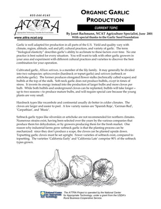 8003469140

ORGANIC GARLIC
PRODUCTION
CURRENT TOPIC

Appr i e Technol Tr
opr at
ogy ansf f Rur Ar
er or al eas

www.attra.ncat.org

By Janet Bachmann, NCAT Agriculture Specialist, June 2001
With special thanks to the Garlic Seed Foundation

Garlic is well adapted for production in all parts of the U.S. Yield and quality vary with
climate, region, altitude, soil and pH, cultural practices, and variety of garlic. The term
“biological elasticity” describes garlic’s ability to acclimate to these factors over time. No one
practice is best suited for every situation. You will want to talk with other garlic growers in
your area and experiment with different cultural practices and varieties to discover the best
combination for your operation.
Cultivated garlic, Allium sativum, is a member of the lily family. It may generally be divided
into two subspecies: ophioscorodon (hardneck or topset garlic) and sativum (softneck or
artichoke garlic). The former produces elongated flower stalks (technically called scapes) and
bulbils at the top of the stalk. Soft-neck garlic does not produce bulbils, except in times of
stress. It invests its energy instead into the production of larger bulbs and more cloves per
bulb. While both bulbils and underground cloves can be replanted, bulbils will take longer—
up to two seasons—to produce mature bulbs, and will require special care because the young
plants are very small.
Hardneck types like rocambole and continental usually do better in colder climates. The
cloves are larger and easier to peel. A few variety names are ‘Spanish Roja’, ‘German Red’,
‘Carpathian’, and ‘Music’.
Softneck garlic types like silverskin or artichoke are not recommended for northern climates.
Numerous strains exist, having been selected over the years by the various companies that
produce them for dehydration, or by growers producing them for the fresh market. One
reason why industrial farms grow softneck garlic is that the planting process can be
mechanized: since they don’t produce a scape, the cloves can be planted upside down.
Topsetting garlic cloves must be set upright. Fewer varieties of softneck exist, compared to
topsetting. The varieties ‘California Early’ and ‘California Late’ comprise 90% of the softneck
types grown.

The ATTRA Project is operated by the National Center
for Appropriate Technology, under a grant from the USDA’s
Rural Business-Cooperative Service.

 