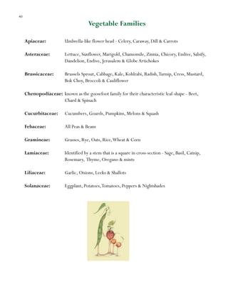 40

Vegetable Families
Apiaceae:

Umbrella-like flower head - Celery, Caraway, Dill & Carrots

Asteraceae:

Lettuce, Sunflower, Marigold, Chamomile, Zinnia, Chicory, Endive, Salsify,
Dandelion, Endive, Jerusalem & Globe Artichokes

Brassicaceae:

Brussels Sprout, Cabbage, Kale, Kohlrabi, Radish, Turnip, Cress, Mustard,
Bok Choy, Broccoli & Cauliflower

Chenopodiaceae: known as the goosefoot family for their characteristic leaf-shape - Beet,
Chard & Spinach
Cucurbitaceae:

Cucumbers, Gourds, Pumpkins, Melons & Squash

Febaceae:

All Peas & Beans

Gramineae:

Grasses, Rye, Oats, Rice, Wheat & Corn

Lamiaceae:

Identified by a stem that is a square in cross-section - Sage, Basil, Catnip,
Rosemary, Thyme, Oregano & mints

Liliaceae:

Garlic, Onions, Leeks & Shallots

Solanaceae:

Eggplant, Potatoes, Tomatoes, Peppers & Nightshades

 