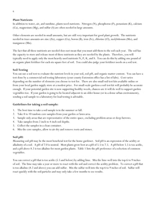 6

Plant Nutrients
In addition to water, air, and sunshine, plants need nutrients. Nitrogen (N), phosphorus (P), potassium (K), calcium
(Ca), magnesium (Mg), and sulfur (S) are often needed in large amounts.
Other elements are needed in small amounts, but are still very important for good plant growth. The nutrients
needed in trace amounts are zinc (Zn), copper (Cu), boron (B), iron (Fe), chlorine (Cl), molybdenum (Mo), and
manganese (Mn).
The fact that all these nutrients are needed does not mean that you must add them to the soil each year. The soil has
the capacity to store and release most of these nutrients as they are needed by the plants. Therefore, you will
typically need to apply only the most heavily used nutrients N, P, K, and S. You can do this by adding one pound of
an organic plant fertilizer for each six square feet of soil. You could also judge your fertilizer needs on a soil test.
Soil Testing
You can use a soil test to evaluate the nutrient levels in your soil, soil pH, and organic matter content. You can have a
test done by a commercial soil testing laboratory (your county Extension office has a list of labs). Cost varies
depending on the number of elements you choose to test for. There are also small soil test kits available online or
from your local garden supply store at a modest price. For small-scale gardens a soil test kit will probably be accurate
enough. If your potential garden site is now supporting healthy weeds, chances are it will do well to support garden
vegetables too. If your garden is going to be located adjacent to an older house (or in a dense urban environment),
sending a soil sample to a laboratory for lead testing is advisable.
Guidelines for taking a soil sample:
1.
2.
3.
4.
5.
6.

The best time to take a soil sample is in the summer or fall.
Take 8 to 10 random core samples from your garden or lawn area.
Sample only areas that are representative of the entire space, excluding problem areas or deep furrows.
Take samples from 2-inch to 4-inch soil depths.
Collect the samples in a clean container.
Mix the core samples, allow to air dry and remove roots and stones.

Soil pH:
Measuring soil pH may be the most beneficial test for the home gardener. Soil pH is an expression of the acidity or
alkalinity of a soil. A pH of 7.0 is neutral. Most plants grow best at a pH of 5.5 to 7.5. A pH below 5.5 is too acidic,
and a pH above 8.2 is too alkaline for most garden plants. Table 1 lists the pH preference of a selection of common
vegetables.
You can correct a pH that is too acidic (5.5 and below) by adding lime. Mix the lime well into the top 6 to 9 inches
of soil. The lime may take a year or more to react with the soil and correct the acidity problem. To correct a pH that
is too alkaline (8.2 and above) you can add sulfur. Mix the sulfur well into the top 6 to 9 inches of soil. Sulfur will
react quickly with the soil particles and may only take a few months to see results.

 