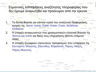 Σημαντικές λεπτομέρειες αναζήτησης πληροφορίας που
δεν έχουμε αναρωτηθεί και προέκυψαν από την έρευνα

1.

2.

3.

Τα διπλά Brands για κάποια νησιά που αναζητούν διαφορετικές
αγορές πχ. Ikaria- Icaria, Crete- Kreta- Creta, KefaloniaCefalonia
Η ύπαρξη ανταγωνιστών που χρησιμοποιούν ελληνικά Brands πχ
Samos και Icaria για δικές τους επιχειρήσεις (βλέπε επόμενο
slide)
Η ύπαρξη ζευγαριών νησιωτικών προορισμών που υπάρχουν πχ
Σαντορίνη- Μύκονος, Ζάκυνθος- Κεφαλονιά, Πάρος- Νάξος,
Πάρος Μύκονος.

 