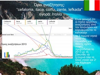 Όροι αναζήτησης:
“cefalonia, itaca, corfu, zante, lefkada"
αγορά: Ιταλία

Όγκος αναζητήσεων 2013

Είναι φανερό ότι
οι Ιταλοί αρχίζουν
αναζητήσεις από
τον Ιανουάριοι και
κορυφώνονται το
καλοκαίρι
τα 3 πρώτα νησιά
πλην της
Λευκάδας και
Ιθάκης έχουν
σαφές
προβάδισμα το
2013 με τη
Ζάκυνθο να
ξεπερνά όλα τα
άλλα νησιά και 2η
την Κέρκυρα

 