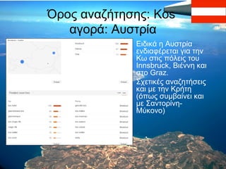 Όρος αναζήτησης: Kos
αγορά: Αυστρία
• Ειδικά η Αυστρία
ενδιαφέρεται για την
Κω στις πόλεις του
Innsbruck, Βιέννη και
στο Graz.
• Σχετικές αναζητήσεις
και με την Κρήτη
(όπως συμβαίνει και
με ΣαντορίνηΜύκονο)

 