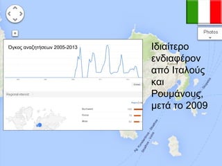 Όγκος αναζητήσεων 2005-2013

Ιδιαίτερο
ενδιαφέρον
από Ιταλούς
και
Ρουμάνους,
μετά το 2009

 