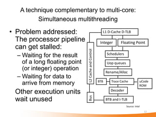 A technique complementary to multi-core:
         Simultaneous multithreading

• Problem addressed:                                    L1 D-Cache D-TLB

  The processor pipeline                               Integer       Floating Point
  can get stalled:




                               L2 Cache and Control
  – Waiting for the result                                  Schedulers

    of a long floating point                                Uop queues
    (or integer) operation
                                                            Rename/Alloc
  – Waiting for data to
                                                      BTB      Trace Cache           uCode
    arrive from memory                                                               ROM
                                                               Decoder
 Other execution units         Bus

 wait unused                                                BTB and I-TLB
                                                                         Source: Intel

                                                                                         12
 