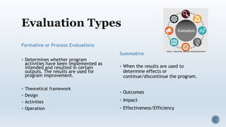 :
Formative or Process Evaluations
 Determines whether program
activities have been implemented as
intended and resulted in certain
outputs. The results are used for
program improvement.
 Theoretical framework
 Design
 Activities
 Operation
Summative
 When the results are used to
determine effects or
continue/discontinue the program.
 Outcomes
 Impact
 Effectiveness/Efficiency
https://education.uky.edu/evaluationcenter/
 