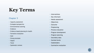 Chapter 5
 Capacity assessment
 Ecological perspective
 Environmental scanning
 Evidence
 Evidence-based planning for health
 Formative evaluation
 Goal
 Group processes
 Impact
 Trend
 Systematic reviews
 Interventions
 Key informant
 Needs assessment
 Objectives
 Outcome
 Preplanning
 Process evaluation
 Program development
 Program planning
 Secondary data
 Societal levels
 Stakeholders
 Summative evaluation
 