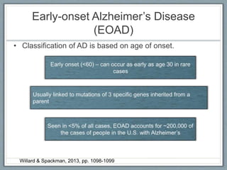 Early-onset Alzheimer’s Disease
(EOAD)
• Classification of AD is based on age of onset.
Willard & Spackman, 2013, pp. 1098-1099
 