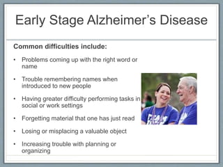 Early Stage Alzheimer’s Disease
Common difficulties include:
• Problems coming up with the right word or
name
• Trouble remembering names when
introduced to new people
• Having greater difficulty performing tasks in
social or work settings
• Forgetting material that one has just read
• Losing or misplacing a valuable object
• Increasing trouble with planning or
organizing
 