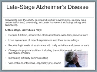 Late-Stage Alzheimer’s Disease
Individuals lose the ability to respond to their environment, to carry on a
conversation and, eventually, to control movement including talking and
swallowing.
At this stage, individuals may:
• Require full-time, around-the-clock assistance with daily personal care
• Lose awareness of recent experiences and their surroundings
• Require high levels of assistance with daily activities and personal care
• Changes in physical abilities, including the ability to walk, sit and,
eventually, swallow
• Increasing difficulty communicating
• Vulnerable to infections, especially pneumonia
 