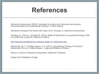 References
Alzheimer’s Association (2009). Campaign for quality care: Dementia care practice
recommendations for professionals working in a home setting
Alzheimer’s Disease Fact Sheet, NIH, Sept. 2012, Chicago, IL: Alzheimer’s Association.
Crepeau, E., Cohn, E., & Schell, B. (2013). Willard & Spackman’s occupational therapy (12th
ed.). Baltimore: Lippincott, Williams & Wilkins
http://www.alz.org/alzheimers_disease_stages_of_alzheimers.asp
Randomski, M. V., Trombly-Latham, C. A. (2013). Occupational Therapy for Physical
Dysfunction (7th ed.), Wolters Kluwer – Lippincott Williams & Wilkins.
Zachry, A. (2015). Powerpoint presentation: Alzheimer’s Disease.
Images from Wikipedia, Google.
 