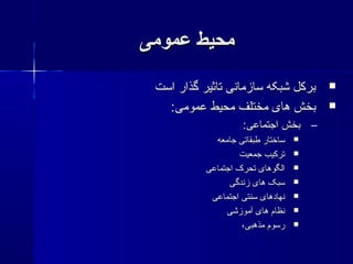 ‫عمومی‬ ‫محیط‬‫عمومی‬ ‫محیط‬
‫است‬ ‫گذار‬ ‫تاثیر‬ ‫سازمانی‬ ‫شبکه‬ ‫برکل‬‫است‬ ‫گذار‬ ‫تاثیر‬ ‫سازمانی‬ ‫شبکه‬ ‫برکل‬
:‫اعمومی‬ ‫محیط‬ ‫مختلف‬ ‫های‬ ‫بخش‬:‫اعمومی‬ ‫محیط‬ ‫مختلف‬ ‫های‬ ‫بخش‬
–:‫اجتمااعی‬ ‫بخش‬:‫اجتمااعی‬ ‫بخش‬
‫جامعه‬ ‫طبقاتی‬ ‫ساختار‬‫جامعه‬ ‫طبقاتی‬ ‫ساختار‬
‫جمعیت‬ ‫ترکیب‬‫جمعیت‬ ‫ترکیب‬
‫اجتمااعی‬ ‫تحرک‬ ‫الگوهای‬‫اجتمااعی‬ ‫تحرک‬ ‫الگوهای‬
‫زندگی‬ ‫های‬ ‫سبک‬‫زندگی‬ ‫های‬ ‫سبک‬
‫اجتمااعی‬ ‫سنتی‬ ‫نهادهای‬‫اجتمااعی‬ ‫سنتی‬ ‫نهادهای‬
‫آموزشی‬ ‫های‬ ‫نظام‬‫آموزشی‬ ‫های‬ ‫نظام‬
،‫مذهبی‬ ‫رسوم‬،‫مذهبی‬ ‫رسوم‬
 