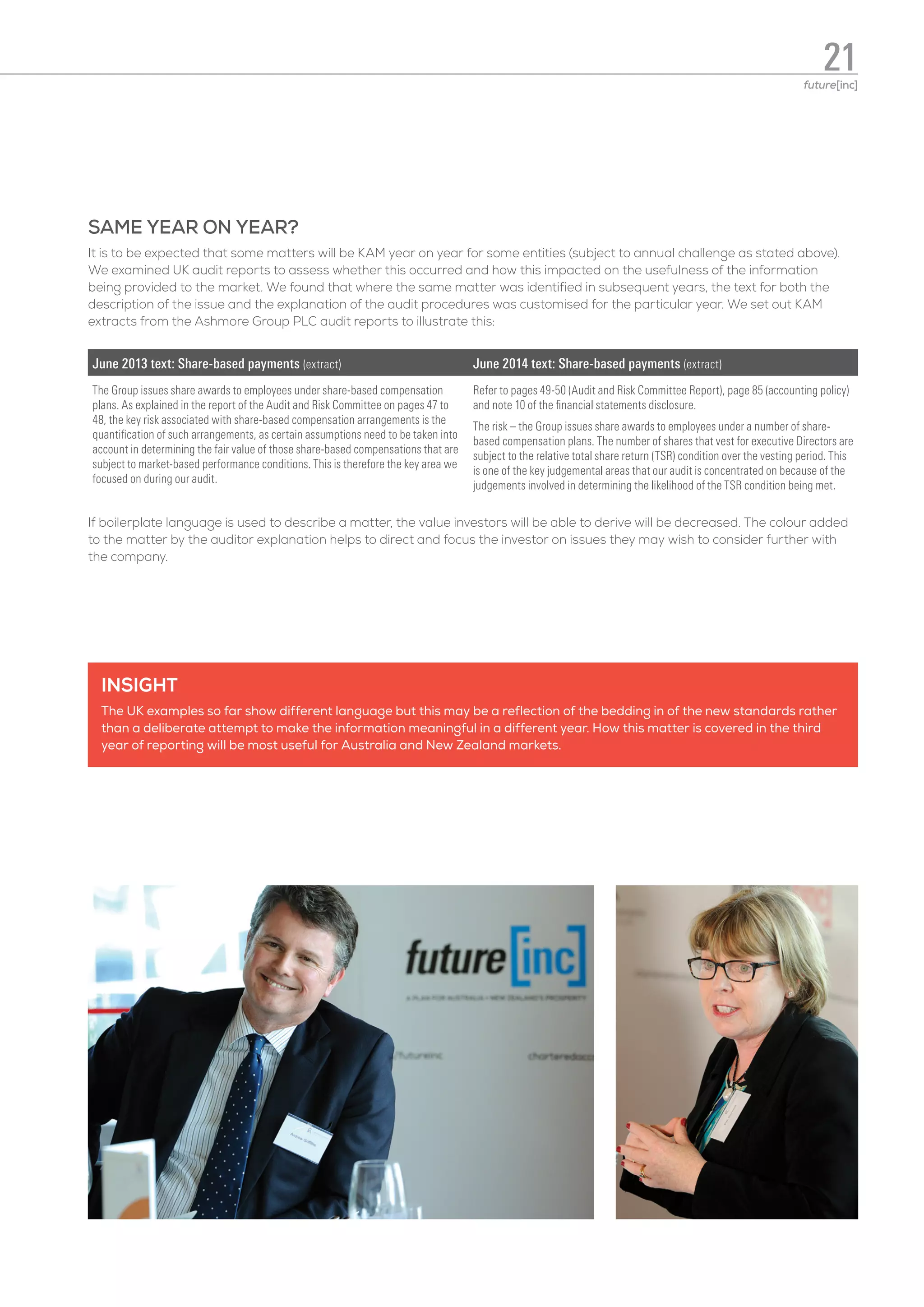 SAME YEAR ON YEAR?
It is to be expected that some matters will be KAM year on year for some entities (subject to annual challenge as stated above).
We examined UK audit reports to assess whether this occurred and how this impacted on the usefulness of the information
being provided to the market. We found that where the same matter was identified in subsequent years, the text for both the
description of the issue and the explanation of the audit procedures was customised for the particular year. We set out KAM
extracts from the Ashmore Group PLC audit reports to illustrate this:
June 2013 text: Share-based payments (extract) June 2014 text: Share-based payments (extract)
The Group issues share awards to employees under share-based compensation
plans. As explained in the report of the Audit and Risk Committee on pages 47 to
48, the key risk associated with share-based compensation arrangements is the
quantification of such arrangements, as certain assumptions need to be taken into
account in determining the fair value of those share-based compensations that are
subject to market-based performance conditions. This is therefore the key area we
focused on during our audit.
Refer to pages 49-50 (Audit and Risk Committee Report), page 85 (accounting policy)
and note 10 of the financial statements disclosure.
The risk – the Group issues share awards to employees under a number of share-
based compensation plans. The number of shares that vest for executive Directors are
subject to the relative total share return (TSR) condition over the vesting period. This
is one of the key judgemental areas that our audit is concentrated on because of the
judgements involved in determining the likelihood of the TSR condition being met.
If boilerplate language is used to describe a matter, the value investors will be able to derive will be decreased. The colour added
to the matter by the auditor explanation helps to direct and focus the investor on issues they may wish to consider further with
the company.
INSIGHT
The UK examples so far show different language but this may be a reflection of the bedding in of the new standards rather
than a deliberate attempt to make the information meaningful in a different year. How this matter is covered in the third
year of reporting will be most useful for Australia and New Zealand markets.
21future[inc]
 