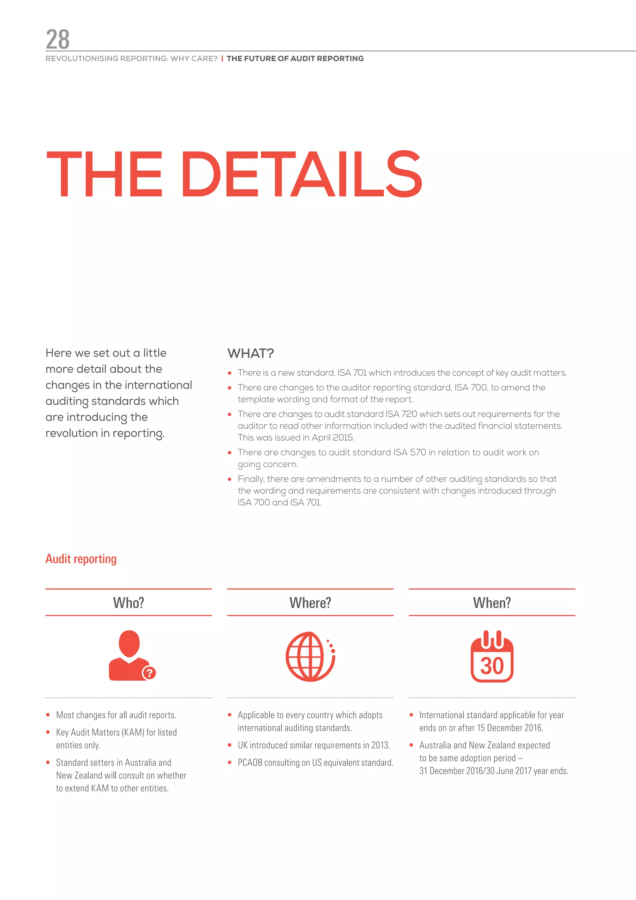 THE DETAILS
Here we set out a little
more detail about the
changes in the international
auditing standards which
are introducing the
revolution in reporting.
WHAT?
•	 There is a new standard, ISA 701 which introduces the concept of key audit matters.
•	 There are changes to the auditor reporting standard, ISA 700, to amend the
template wording and format of the report.
•	 There are changes to audit standard ISA 720 which sets out requirements for the
auditor to read other information included with the audited financial statements.
This was issued in April 2015.
•	 There are changes to audit standard ISA 570 in relation to audit work on
going concern.
•	 Finally, there are amendments to a number of other auditing standards so that
the wording and requirements are consistent with changes introduced through
ISA 700 and ISA 701.
Audit reporting
Who? Where? When?
•	Most changes for all audit reports.
•	Key Audit Matters (KAM) for listed
entities only.
•	Standard setters in Australia and
New Zealand will consult on whether
to extend KAM to other entities.
•	Applicable to every country which adopts
international auditing standards.
•	UK introduced similar requirements in 2013.
•	PCAOB consulting on US equivalent standard.
•	International standard applicable for year
ends on or after 15 December 2016.
•	Australia and New Zealand expected
to be same adoption period –
31 December 2016/30 June 2017 year ends.
REVOLUTIONISING REPORTING: WHY CARE? | THE FUTURE OF AUDIT REPORTING
28
 
