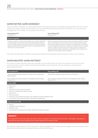 SAME INDUSTRY, SAME MATTERS?
For entities in similar industries, there was a thought that the KAM would be the same. UK experience to date shows that
while there will be common matters, there will also be KAM unique to the entity. The two companies used above also
demonstrate this point:
Petropavlovsk PLC Avocet Mining PLC
London-listed (gold) mining and exploration company with its principal assets
located in Russia.
Gold mining and exploration company with assets in West Africa.
Risks of material misstatement identified in the Independent Auditor’s Report,
December 2013.
Risks of material misstatement identified in the Independent Auditor’s Report,
December 2013.
Common KAM
•	Going concern
•	Revenue
•	Impairment of property, plant and equipment
•	Impairment of exploration and evaluation assets
•	Going concern
•	Revenue recognition
•	Impairment review of Burkina Faso property, plant, equipment and deferred exploration asset
•	Carrying value of Guinea deferred exploration expenditure (intangible asset)
Company specific KAM
•	Inventory	
•	Management override of controls
•	Burkina Faso taxes
•	Carrying value of intercompany loan and debtor balances within the parent company
INSIGHT
The importance of the new style audit report is that it is specific to the entity and to the audit. The auditors’ role will be to
describe the issue and procedures with sufficient specificity to make this clear.
What will the markets make of this? Our discussions overseas highlighted that investors used the insights from the audit report to look
for further information from the company disclosures and directors’ reports.
SAME MATTER, SAME WORDING?
From our review of UK reports, it is clear that there are some matters which are consistently included as KAM. The most common
matters are revenue, impairment and taxation. The two examples below illustrate that even where KAM are on the same topic,
the explanation of the matter can be unique to the company:
Petropavlovsk PLC
December 2013
Avocet Mining PLC
December 2013
Revenue recognition
The Group entered into a number of forward sales contracts which it designated
as cash flow hedges. The accounting for these derivative financial instruments
and documentation requirements in order for transactions to qualify as hedges is
complex. In addition ISA (UK  Ireland) 240 requires us to presume that there are
risks of fraud in revenue recognition.
Revenue is recognised in the financial statements in accordance with IAS 18 “Revenue”.
There is a presumption that there are risks of fraud in revenue recognition because
determining the appropriate timing of recognition can be judgemental. As the timing
of revenue recognition is subject to the conclusion of a trading contract on the bullion
market or a relevant forward contract, which is after the gold ore is shipped from
Inata and refined into bullion in South Africa, we identified revenue recognition as a
significant risk requiring special audit consideration.
The reason the description is different is because the auditors are being specific about the issue in relation to the company.
REVOLUTIONISING REPORTING: WHY CARE? | THE FUTURE OF AUDIT REPORTING | INSIGHTS
20
 