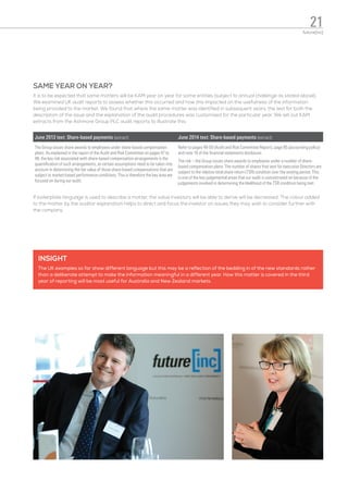 SAME YEAR ON YEAR?
It is to be expected that some matters will be KAM year on year for some entities (subject to annual challenge as stated above).
We examined UK audit reports to assess whether this occurred and how this impacted on the usefulness of the information
being provided to the market. We found that where the same matter was identified in subsequent years, the text for both the
description of the issue and the explanation of the audit procedures was customised for the particular year. We set out KAM
extracts from the Ashmore Group PLC audit reports to illustrate this:
June 2013 text: Share-based payments (extract) June 2014 text: Share-based payments (extract)
The Group issues share awards to employees under share-based compensation
plans. As explained in the report of the Audit and Risk Committee on pages 47 to
48, the key risk associated with share-based compensation arrangements is the
quantification of such arrangements, as certain assumptions need to be taken into
account in determining the fair value of those share-based compensations that are
subject to market-based performance conditions. This is therefore the key area we
focused on during our audit.
Refer to pages 49-50 (Audit and Risk Committee Report), page 85 (accounting policy)
and note 10 of the financial statements disclosure.
The risk – the Group issues share awards to employees under a number of share-
based compensation plans. The number of shares that vest for executive Directors are
subject to the relative total share return (TSR) condition over the vesting period. This
is one of the key judgemental areas that our audit is concentrated on because of the
judgements involved in determining the likelihood of the TSR condition being met.
If boilerplate language is used to describe a matter, the value investors will be able to derive will be decreased. The colour added
to the matter by the auditor explanation helps to direct and focus the investor on issues they may wish to consider further with
the company.
INSIGHT
The UK examples so far show different language but this may be a reflection of the bedding in of the new standards rather
than a deliberate attempt to make the information meaningful in a different year. How this matter is covered in the third
year of reporting will be most useful for Australia and New Zealand markets.
21future[inc]
 
