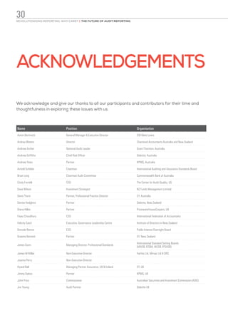 ACKNOWLEDGEMENTS
We acknowledge and give our thanks to all our participants and contributors for their time and
thoughtfulness in exploring these issues with us.
Name Position Organisation
Aaron Bertinetti General Manager  Executive Director CGI Glass Lewis
Andrea Waters Director Chartered Accountants Australia and New Zealand
Andrew Archer National Audit Leader Grant Thornton, Australia
Andrew Griffiths Chief Risk Officer Deloitte, Australia
Andrew Yates Partner KPMG, Australia
Arnold Schilder Chairman International Auditing and Assurance Standards Board
Brian Long Chairman Audit Committee Commonwealth Bank of Australia
Cindy Fornelli CEO The Center for Audit Quality, US
Dave Wilson Investment Strategist NZ Funds Management Limited
Denis Thorn Partner, Professional Practice Director EY, Australia
Denise Hodgkins Partner Deloitte, New Zealand
Diana Hillier Partner PricewaterhouseCoopers, UK
Fayez Choudhury CEO International Federation of Accountants
Felicity Caird Executive, Governance Leadership Centre Institute of Directors in New Zealand
Gonzalo Ramos CEO Public Interest Oversight Board
Graeme Bennett Partner EY, New Zealand
James Gunn Managing Director, Professional Standards
International Standard Setting Boards
(IAASB, IESBA, IAESB, IPSASB)
James M Millar Non-Executive Director Fairfax Ltd, Mirvac Ltd  ORS
Joanna Perry Non-Executive Director
Hywel Ball Managing Partner Assurance, UK  Ireland EY, UK
Jimmy Daboo Partner KPMG, UK
John Price Commissioner Australian Securities and Investment Commission (ASIC)
Jon Young Audit Partner Deloitte UK
REVOLUTIONISING REPORTING: WHY CARE? | THE FUTURE OF AUDIT REPORTING
30
 