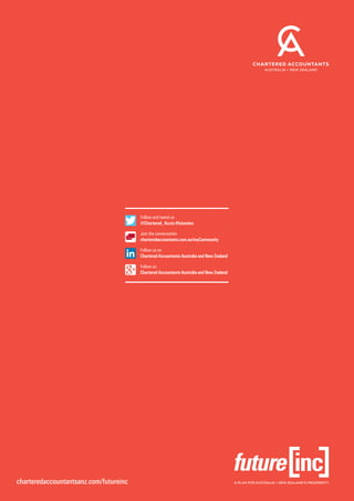 charteredaccountantsanz.com/futureinc
Follow and tweet us 	
@Chartered_Accts #futureinc
Join the conversation 	
charteredaccountants.com.au/myCommunity
Follow us on 	
Chartered Accountants Australia and New Zealand
Follow us 	
Chartered Accountants Australia and New Zealand
 