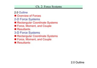 Ch. 2: Force Systems
2.0 Outline
„ Overview of Forces
2-D Force Systems
„ Rectangular Coordinate Systems
„ Force, Moment, and Couple
„ Resultants
3-D Force Systems
„ Rectangular Coordinate Systems
„ Force, Moment, and Couple
„ Resultants
2.0 Outline
 