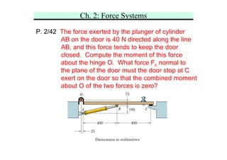 Ch. 2: Force Systems
P. 2/42 The force exerted by the plunger of cylinder
AB on the door is 40 N directed along the line
AB, and this force tends to keep the door
closed. Compute the moment of this force
about the hinge O. What force Fc normal to
the plane of the door must the door stop at C
exert on the door so that the combined moment
about O of the two forces is zero?
 