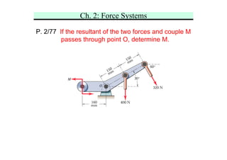 Ch. 2: Force Systems
P. 2/77 If the resultant of the two forces and couple M
passes through point O, determine M.
 